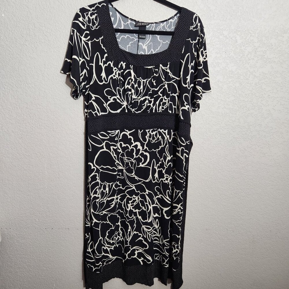 Lane Bryant Dress 14/16 Black White Floral Print Polka Dot Short Sleeves Floral